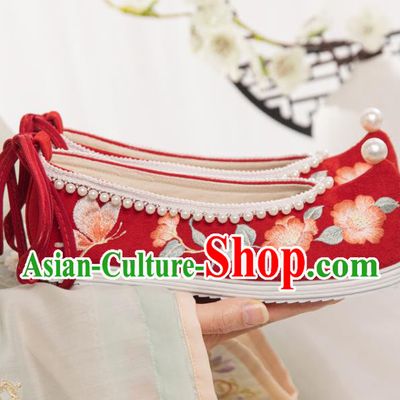 China Ancient Princess Embroidery Shoes Traditional Wedding Hanfu Shoes Ming Dynasty Red Cloth Bow Shoes