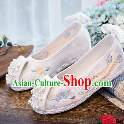 Chinese Traditional Hanfu White Cloth Shoes Classical Dance Shoes National Embroidery Phoenix Shoes