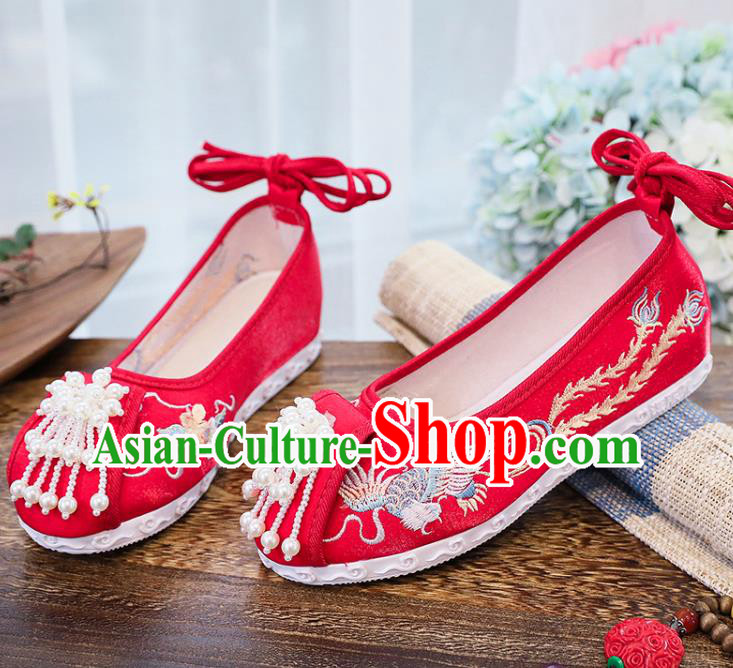 Chinese National Embroidery Phoenix Shoes Traditional Wedding Hanfu Red Cloth Shoes Classical Xiuhe Shoes Chinese National Embroidery Phoenix Shoes Traditional Wedding Hanfu Red Cloth Shoes Classical Xiuhe Shoes