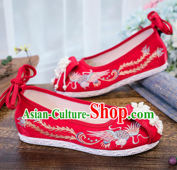 Chinese National Embroidery Phoenix Shoes Traditional Wedding Hanfu Red Cloth Shoes Classical Xiuhe Shoes Chinese National Embroidery Phoenix Shoes Traditional Wedding Hanfu Red Cloth Shoes Classical Xiuhe Shoes