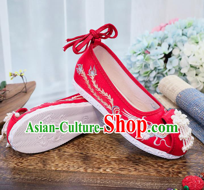 Chinese National Embroidery Phoenix Shoes Traditional Wedding Hanfu Red Cloth Shoes Classical Xiuhe Shoes Chinese National Embroidery Phoenix Shoes Traditional Wedding Hanfu Red Cloth Shoes Classical Xiuhe Shoes