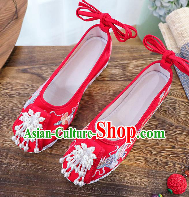 Chinese National Embroidery Phoenix Shoes Traditional Wedding Hanfu Red Cloth Shoes Classical Xiuhe Shoes Chinese National Embroidery Phoenix Shoes Traditional Wedding Hanfu Red Cloth Shoes Classical Xiuhe Shoes