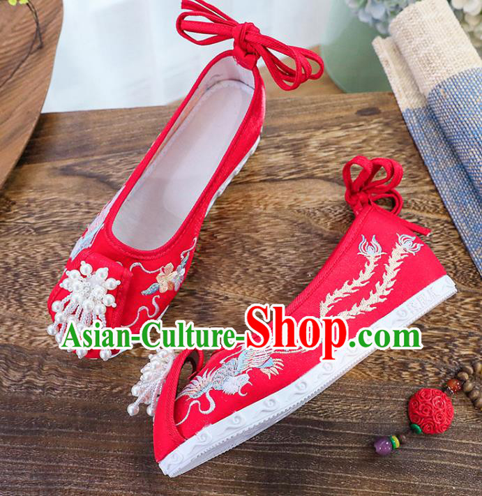 Chinese National Embroidery Phoenix Shoes Traditional Wedding Hanfu Red Cloth Shoes Classical Xiuhe Shoes Chinese National Embroidery Phoenix Shoes Traditional Wedding Hanfu Red Cloth Shoes Classical Xiuhe Shoes