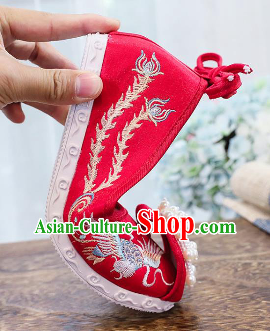 Chinese National Embroidery Phoenix Shoes Traditional Wedding Hanfu Red Cloth Shoes Classical Xiuhe Shoes Chinese National Embroidery Phoenix Shoes Traditional Wedding Hanfu Red Cloth Shoes Classical Xiuhe Shoes