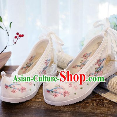 Chinese National Wedge Heel Shoes Embroidery White Cloth Shoes Traditional Woman Shoes