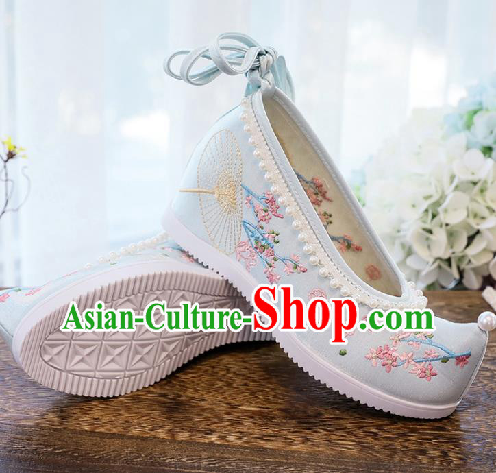 Chinese Traditional Woman Shoes National Wedge Heel Shoes Embroidery Blue Cloth Shoes Chinese Traditional Woman Shoes National Wedge Heel Shoes Embroidery Blue Cloth Shoes