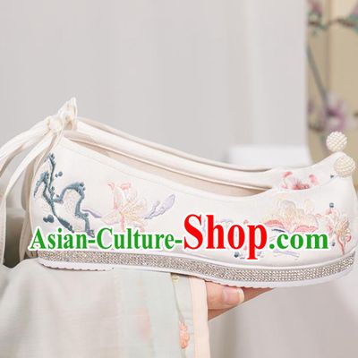 Chinese Classical Embroidery Mangnolia Shoes Traditional Woman White Cloth Shoes National Dance Shoes