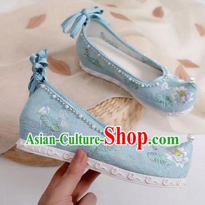 Chinese Classical Dance Shoes Footwear Embroidery Lotus Shoes Traditional Woman Blue Cloth Shoes