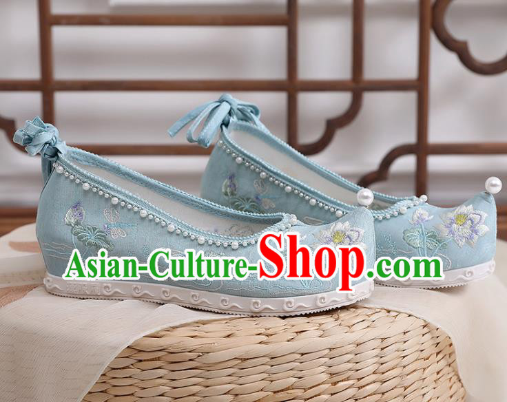 Chinese Classical Dance Shoes Footwear Embroidery Lotus Shoes Traditional Woman Blue Cloth Shoes Chinese Classical Dance Shoes Footwear Embroidery Lotus Shoes Traditional Woman Blue Cloth Shoes