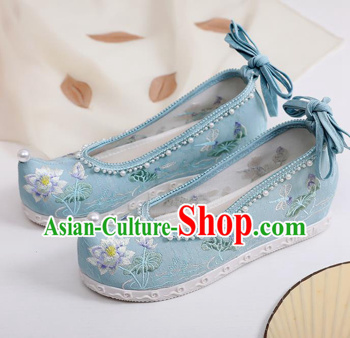 Chinese Classical Dance Shoes Footwear Embroidery Lotus Shoes Traditional Woman Blue Cloth Shoes Chinese Classical Dance Shoes Footwear Embroidery Lotus Shoes Traditional Woman Blue Cloth Shoes