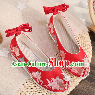 China Wedding Red Cloth Shoes Ancient Princess Shoes Traditional Hanfu Beads Toe Shoes Ming Dynasty Embroidered Shoes