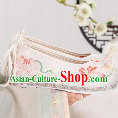 China Handmade White Cloth Shoes Ancient Princess Embroidered Shoes Traditional Hanfu Shoes Ming Dynasty Bow Shoes