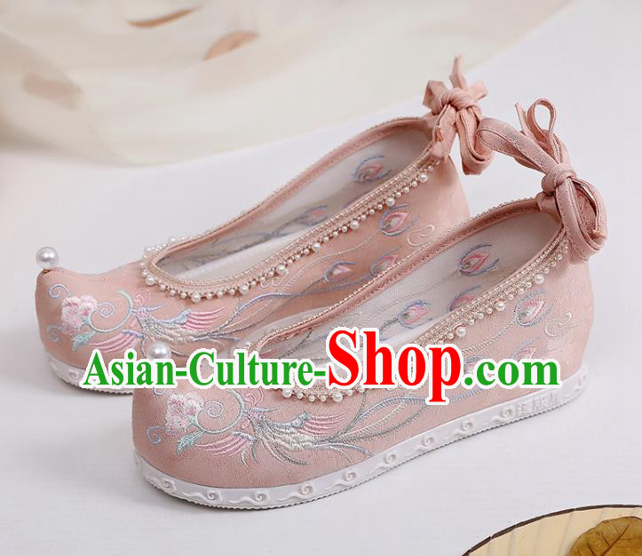 Chinese Classical Pearls Shoes National Embroidery Phoenix Peony Shoes Traditional Pink Cloth Shoes Chinese Classical Pearls Shoes National Embroidery Phoenix Peony Shoes Traditional Pink Cloth Shoes