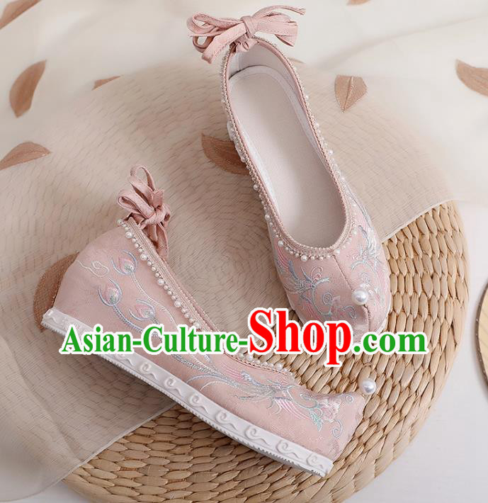 Chinese Classical Pearls Shoes National Embroidery Phoenix Peony Shoes Traditional Pink Cloth Shoes Chinese Classical Pearls Shoes National Embroidery Phoenix Peony Shoes Traditional Pink Cloth Shoes