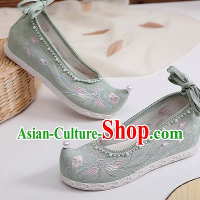 Chinese Traditional Embroidery Phoenix Peony Shoes Classical Dance Pearls Shoes National Green Cloth Shoes
