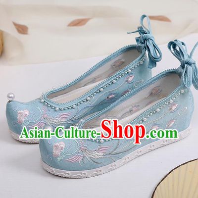 Chinese National Blue Cloth Shoes Traditional Embroidery Phoenix Peony Shoes Classical Dance Pearls Shoes