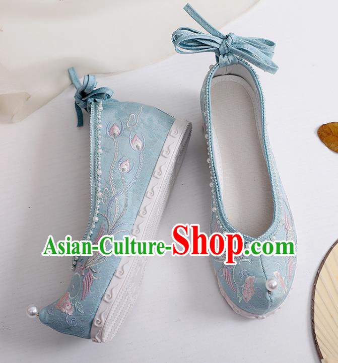 Chinese National Blue Cloth Shoes Traditional Embroidery Phoenix Peony Shoes Classical Dance Pearls Shoes Chinese National Blue Cloth Shoes Traditional Embroidery Phoenix Peony Shoes Classical Dance Pearls Shoes