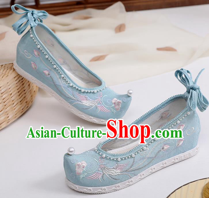 Chinese National Blue Cloth Shoes Traditional Embroidery Phoenix Peony Shoes Classical Dance Pearls Shoes Chinese National Blue Cloth Shoes Traditional Embroidery Phoenix Peony Shoes Classical Dance Pearls Shoes