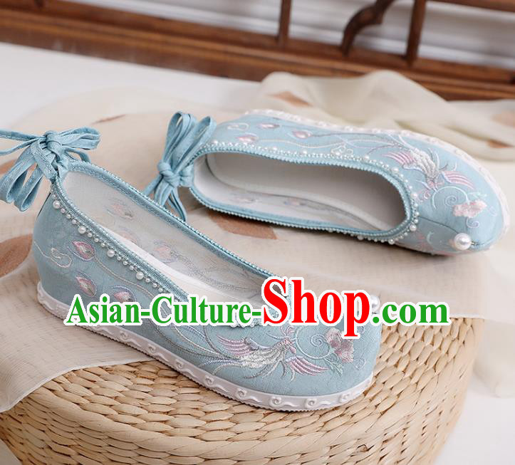Chinese National Blue Cloth Shoes Traditional Embroidery Phoenix Peony Shoes Classical Dance Pearls Shoes Chinese National Blue Cloth Shoes Traditional Embroidery Phoenix Peony Shoes Classical Dance Pearls Shoes
