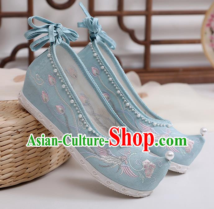 Chinese National Blue Cloth Shoes Traditional Embroidery Phoenix Peony Shoes Classical Dance Pearls Shoes Chinese National Blue Cloth Shoes Traditional Embroidery Phoenix Peony Shoes Classical Dance Pearls Shoes