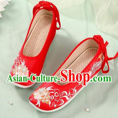 Chinese Wedding Embroidery Peony Shoes National Woman Footwear Traditional Beijing Bride Red Cloth Shoes