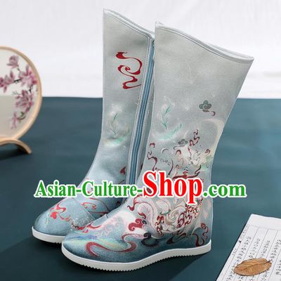Chinese Traditional Hanfu Footwear Embroidery Shoes Ancient Swordswoman Blue Boots