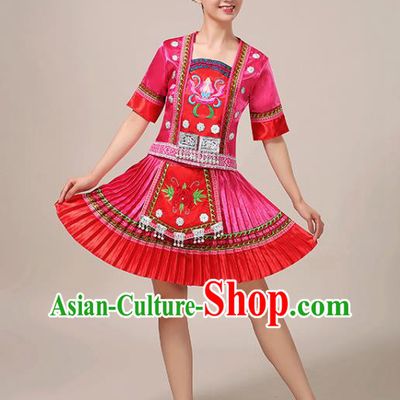 Chinese Yao Minority Dance Outfits Tujia Ethnic Folk Dance Garment Clothing Guizhou Nationality Performance Pink Short Dress