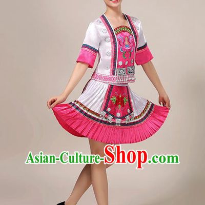 Chinese Guizhou Nationality Performance Short Dress Yao Minority Dance White Outfits Tujia Ethnic Folk Dance Garment Clothing