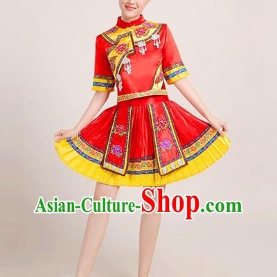 Chinese Yi Nationality Folk Dance Short Dress Yao Minority Red Outfits Yunnan Ethnic Performance Garment Clothing
