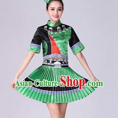 Chinese Yi Nationality Folk Dance Short Dress Minority Performance Green Outfits Clothing Tujia Ethnic Garment