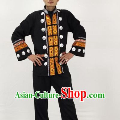 China Traditional Yi Nationality Performance Garment Costumes Ethnic Folk Dance Black Clothing and Headwear