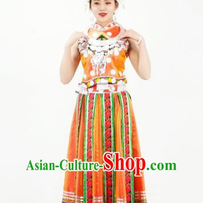 Chinese Miao Nationality Performance Yellow Dress Clothing Hmong Minority Black Outfits Xiangxi Ethnic Folk Dance Garment and Headdress