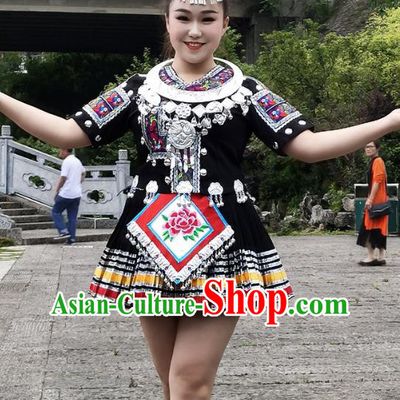 Chinese Guizhou Nationality Performance Short Dress Clothing Miao Minority Black Outfits Ethnic Folk Dance Garment