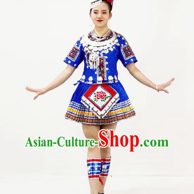Chinese Hmong Minority Ethnic Folk Dance Royalblue Short Dress Outfits Miao Nationality Performance Garment Clothing and Headdress