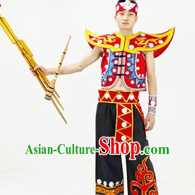 China Traditional Ethnic Performance Clothing Yao Nationality Folk Dance Garment Costumes and Headwear