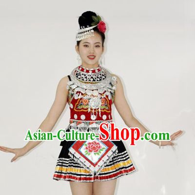 Chinese Tujia Minority Ethnic Short Dress Outfits Yi Nationality Stage Performance Garment Clothing and Hair Accessories
