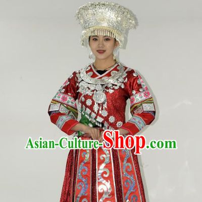 Chinese Miao Minority Ethnic Wedding Red Dress Outfits Hmong Nationality Dance Performance Garment Clothing and Silver Headwear