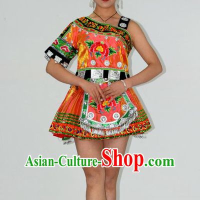 Chinese Miao Minority Ethnic Stage Performance Short Dress Outfits Hmong Nationality Folk Dance Garment Clothing and Hair Jewelry