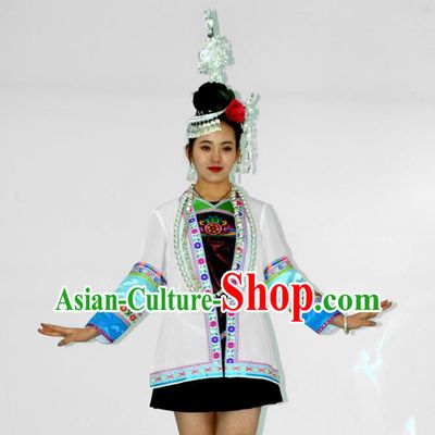Chinese Dong Nationality Stage Performance Garment Clothing Minority Ethnic Folk Dance Short Dress Outfits and Jewelry Accessories