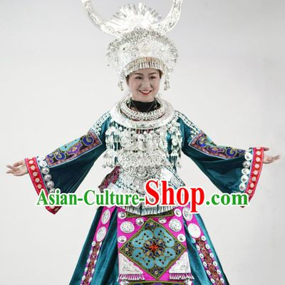 Chinese Miao Nationality Festival Clothing Hmong Minority Performance Blue Dress Ethnic Dance Garment Outfits and Silver Hat