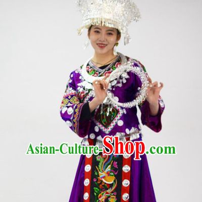 Chinese Ethnic Festival Garment Outfits Miao Nationality Clothing Hmong Minority Folk Dance Purple Dress and Silver Jewelry