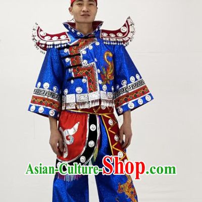 China Traditional Hmong Ethnic Male Dance Clothing Miao Nationality Festival Performance Blue Garment Costume and Feather Headwear