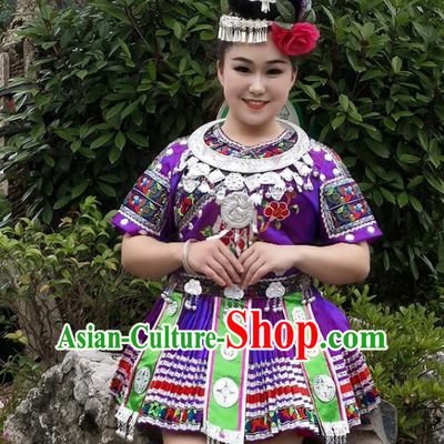Chinese Hmong Minority Purple Short Dress Ethnic Folk Dance Garment Outfits Miao Nationality Performance Clothing