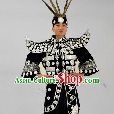 China Traditional Hmong Ethnic Male Festival Clothing Miao Nationality Stage Performance Garment Costume and Headwear