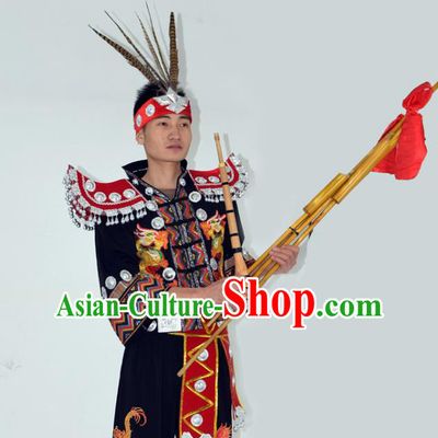 China Miao Nationality Festival Garment Costume Traditional Hmong Ethnic Male Performance Clothing and Headwear