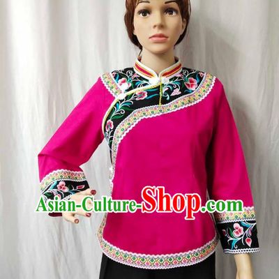 Chinese Bouyei Minority Embroidered Rosy Shirt Guizhou Ethnic Woman Upper Outer Garment Puyi Nationality Blouse Clothing