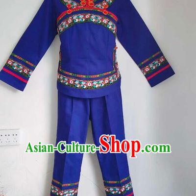 Chinese Yunnan Bouyei Ethnic Female Clothing Traditional Puyi Nationality Embroidered Blue Blouse and Pants Suits