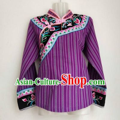 Chinese Woman Tang Suit Top Garment Guizhou Minority Ethnic Shirt Clothing Bouyei Nationality Purple Blouse