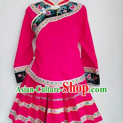 Chinese Traditional Guizhou Ethnic Folk Dance Suits Clothing Bouyei Nationality Embroidered Rosy Blouse and Skirt
