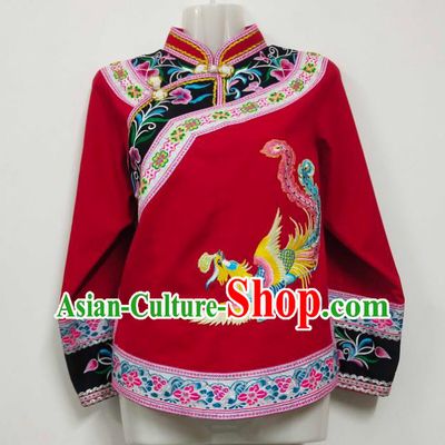 Chinese Bride Embroidered Phoenix Red Top Garment Guizhou Ethnic Clothing Bouyei Nationality Wedding Blouse